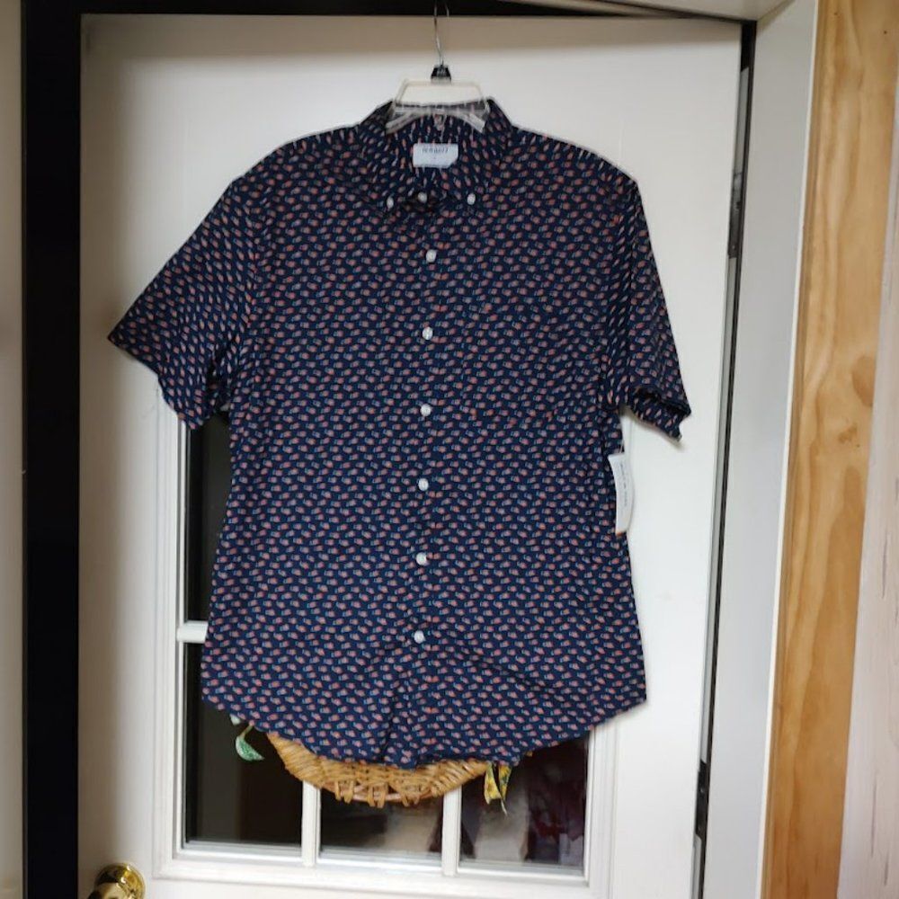 New Old Navy Dark Navy Blue With Fishes Short Sleeve Button Down Shirt Men's L